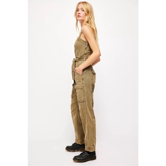 Free People Go West Utility Jumpsuit Moss green size large coverall cargo army L - Picture 3 of 15